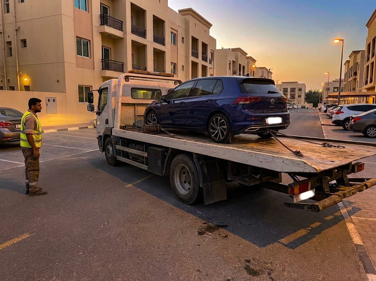 A flatbed recovery truck loaded with a car, with a technician in a hi-vis vest standing beside it on a residential street at dusk