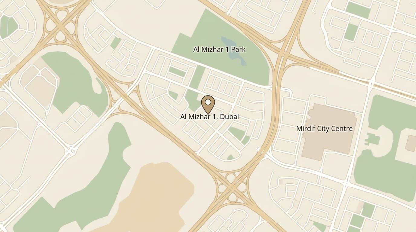 Map showing a pinned location in Al Mizhar 1, Dubai, near Mirdif City Centre