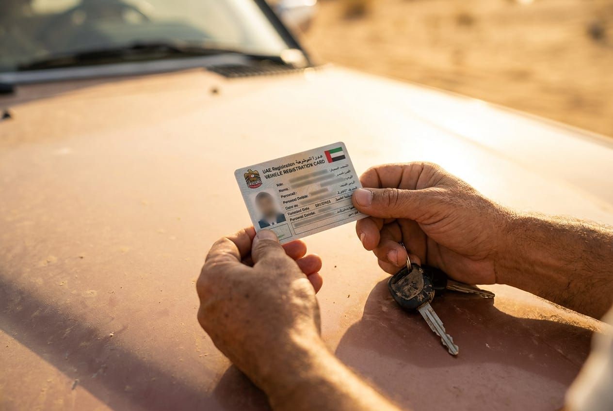 Hands holding a vehicle ownership document and a set of car keys