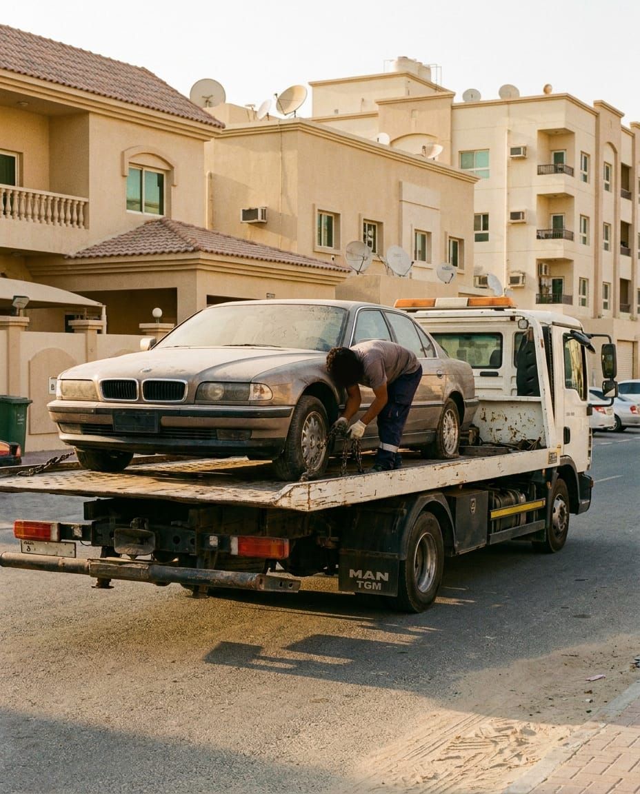 A technician securing a car with chains on a flatbed recovery truck outside apartment buildings