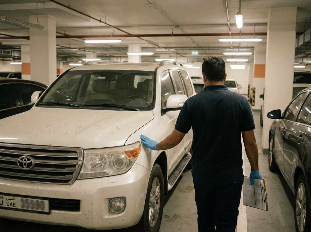 An inspector walking around a car with a clipboard in an underground car park