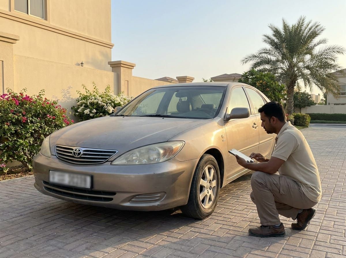 A valuer inspecting a car at the owner's address